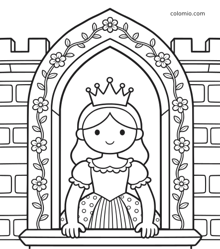 En prinsesse med krone står i et høyt slottsvindu omgitt av blomster og slyngplanter, tegnet i en enkel frontvendt stil.