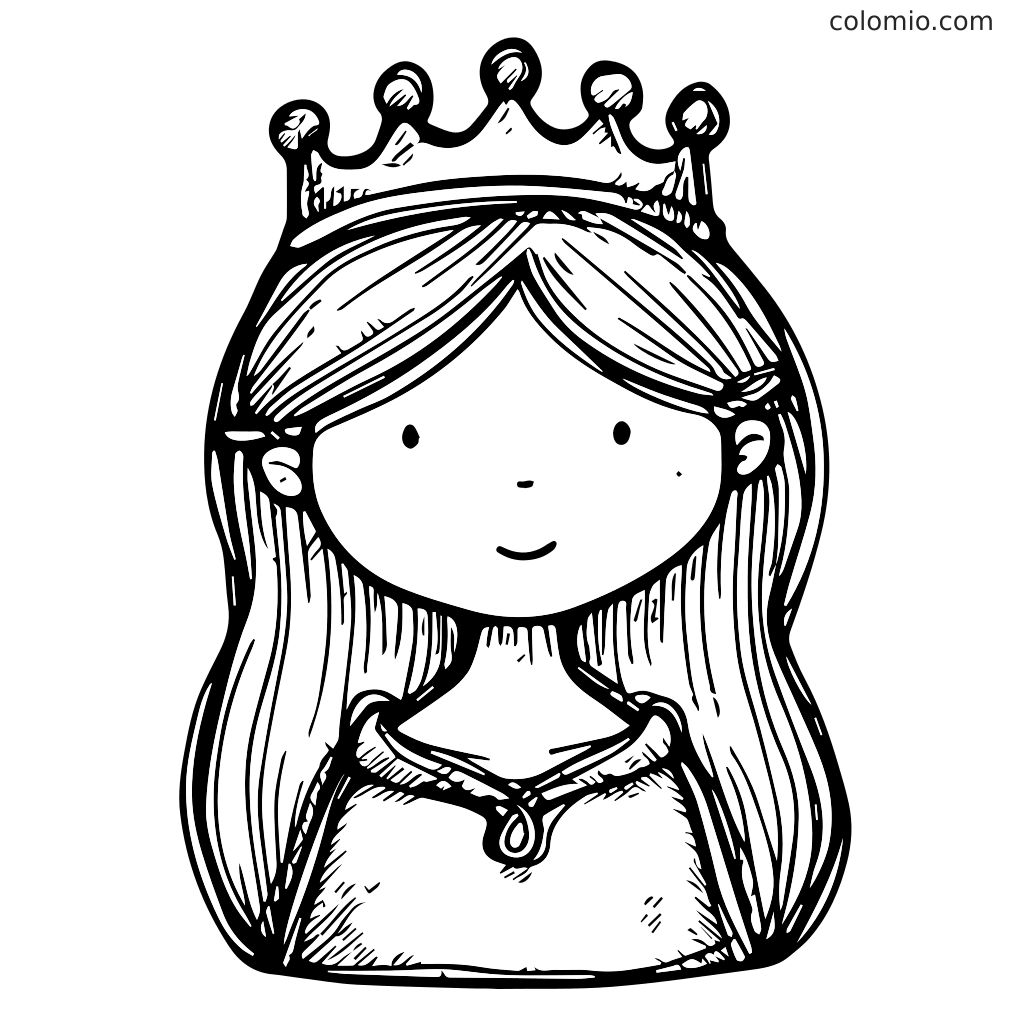 En stregtegning af en sød prinsesse med krone og langt hår, perfekt til at farvelægge.