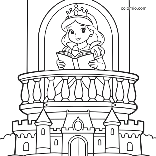 En prinsesse med krone står på en balkong og leser en bok, med et slott under i enkel tegneseriestil.