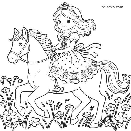 En prinsesse med tiara rir på en hvit hest gjennom en blomstereng, tegnet i en enkel tegneseriestil.