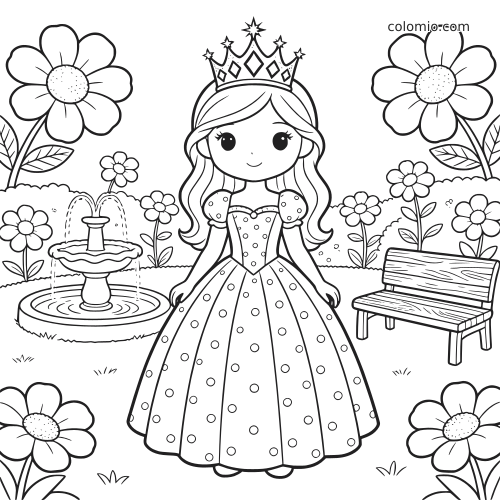 En prinsesse med krone står i en kongelig hage med blomster, en fontene og en benk i enkel tegneseriestil.