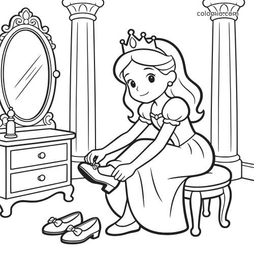 En prinsesse sitter ved et speil og tar på seg en sko, mens et ekstra par sko står på gulvet ved siden av.