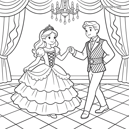 En detaljert prinsesse og prins danser på et kongelig ball under en lysekrone, omgitt av gardiner og rutete gulv.