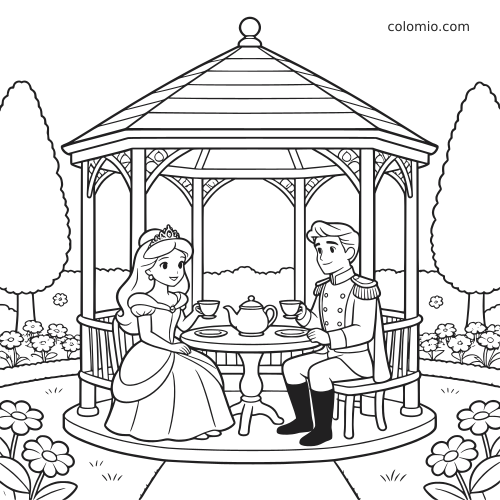En prinsesse og en prins sitter ved et tebord inne i et lysthus i hagen, omgitt av blomster og trær i enkel strektegning.