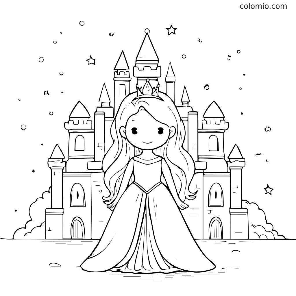 Una dolce principessa si trova davanti a un castello circondato da stelle, pronta per essere colorata.