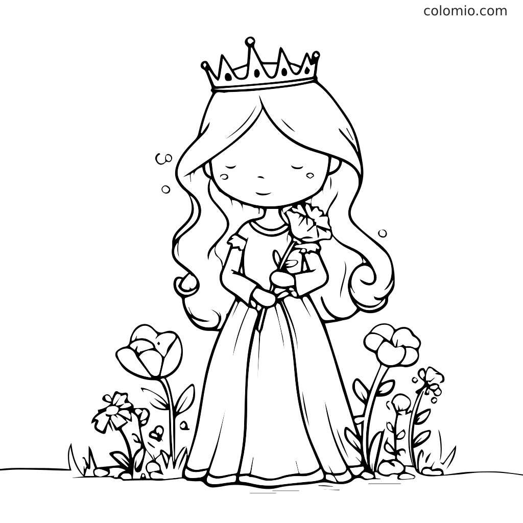 En sød prinsesse med en krone, der holder en blomst, omgivet af blomstrende blomster.