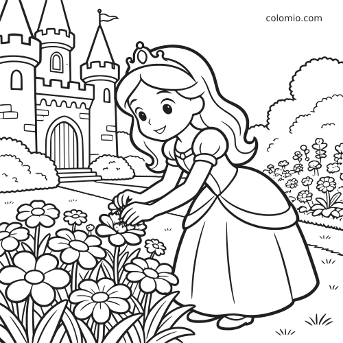 En smilende prinsesse bøyer seg ned for å plukke blomster i en slotthage, med høye tårn, busker og enkel tegneseriestil.