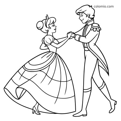 En enkel strektegning av en prinsesse og en prins som danser sammen og holder hverandre i hendene, sett fra siden.