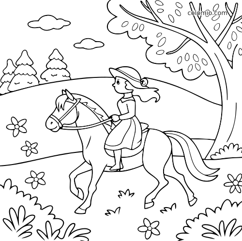 En enkel strektegning av en prinsesse med hatt som rir på en hest i en eng ved siden av et stort tre.