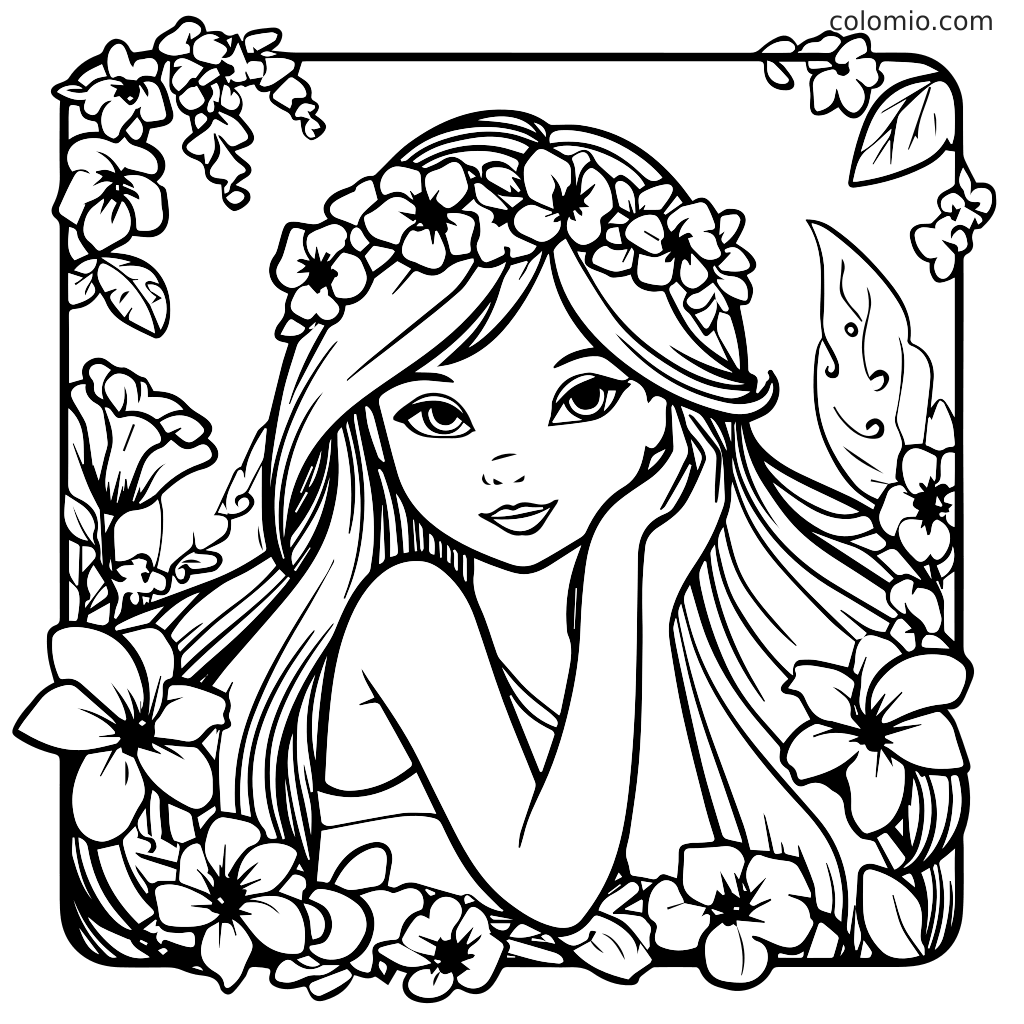Piękna Roszpunka otoczona kwiatami strona do kolorowania Rysunek Roszpunki z długimi włosami i kwiatową koroną, otoczonej różnymi kwiatami.
