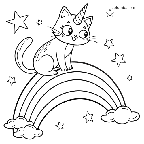 Um gatocórnio em estilo cartoon, visto de lado, sentado sobre um arco-íris com nuvens e estrelas ao redor.