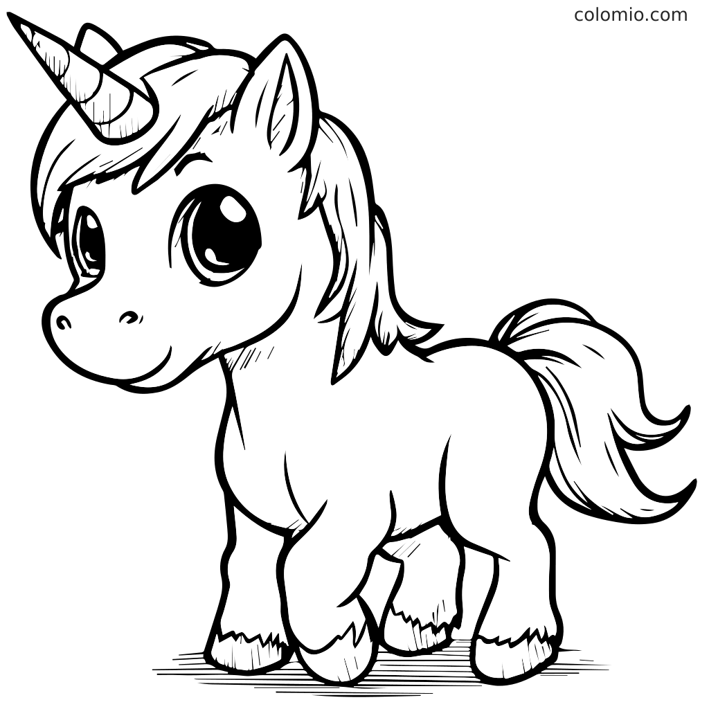 Um unicórnio fofo com olhos grandes e um chifre, pronto para colorir.