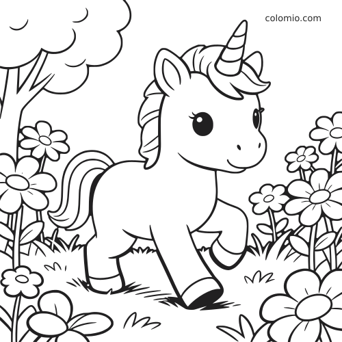Um unicórnio bebê caminhando entre flores em um jardim, em estilo de desenho simples com olhos grandes.