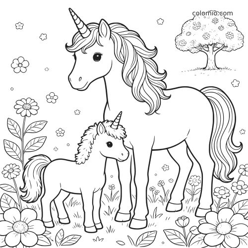 Uma unicórnio mãe está ao lado do seu filhote em um campo com flores, com uma árvore ao fundo e traços detalhados.