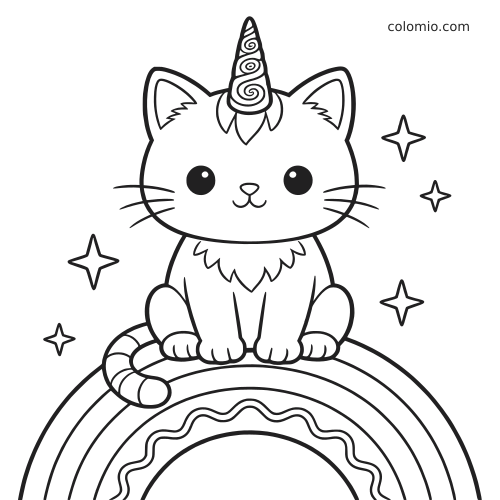 Um gatocórnio de frente está sentado sobre um arco-íris, com estrelas ao redor e um chifre em espiral na cabeça.
