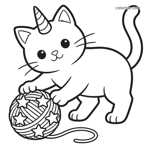 Um gatocórnio em estilo cartoon, com chifre listrado de unicórnio, brinca com um grande novelo de lã com estrelas.