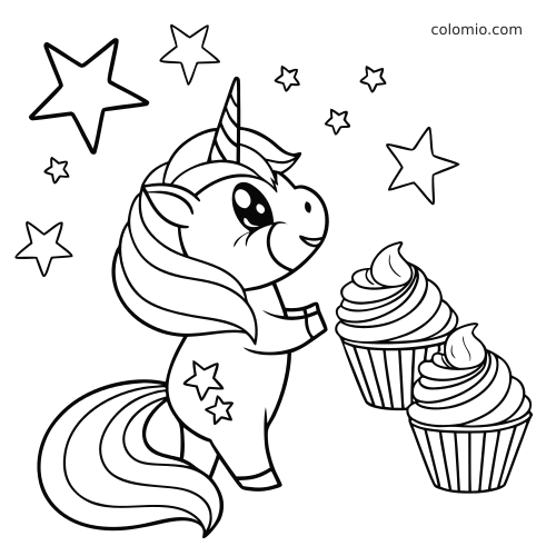 Um unicórnio em estilo chibi, com olhos grandes, está ao lado de dois cupcakes, cercado por estrelas grandes e pequenas.