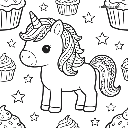 Um unicórnio com crina e cauda estampadas aparece entre cupcakes e estrelas em um desenho simples em preto e branco.