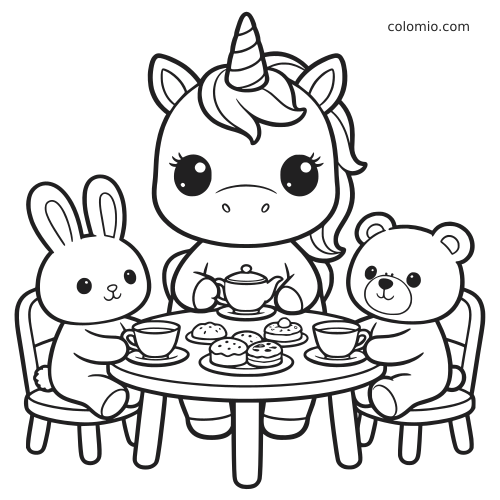 Um unicórnio em estilo kawaii está sentado à mesa de chá com um coelho e um ursinho, xícaras e docinhos.