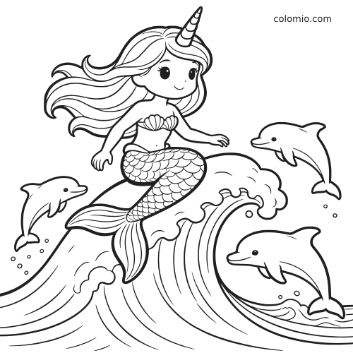Uma sereia unicórnio de cabelo longo e solto cavalga uma grande onda do mar enquanto três golfinhos nadam ao redor.