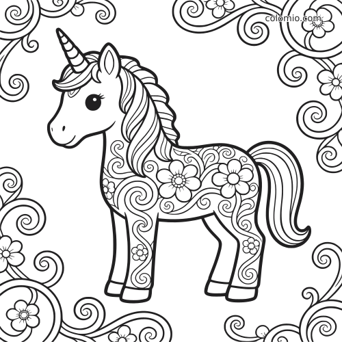 Um unicórnio com chifre listrado, crina longa e corpo decorado com flores e arabescos em espiral.