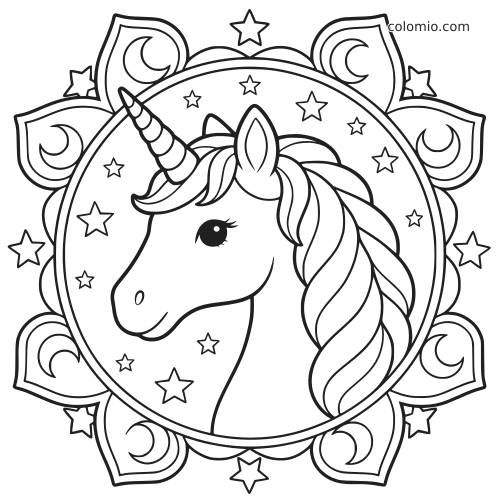 Cabeça de unicórnio dentro de uma mandala circular com estrelas e luas crescentes, em contornos pretos grossos.