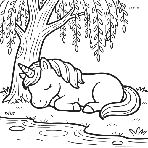A cute sleeping unicorn rests under a willow tree beside a small stream in a simple black-and-white cartoon style.