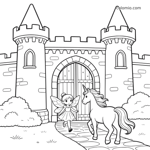 Uma fada e um unicórnio em frente ao grande portão de um castelo mágico, em ilustração simples de contorno.