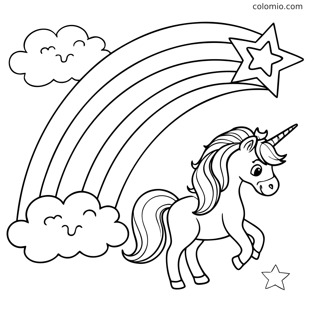 En målarbild som visar en enhörning under en stor regnbåge, med leende moln och stjärnor runt omkring.