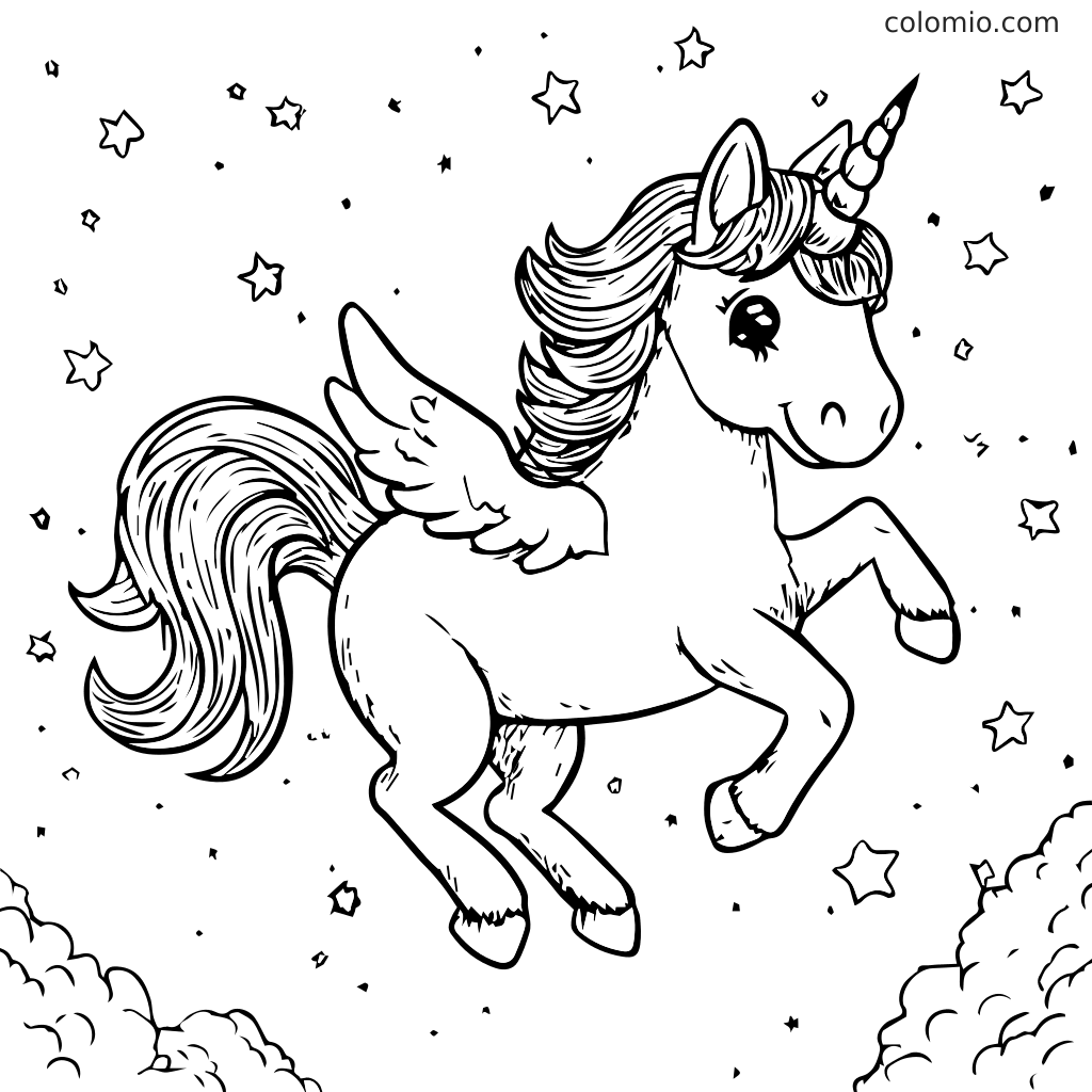 Un unicorno fantasioso con ali che vola in un cielo stellato, perfetto per colorare.