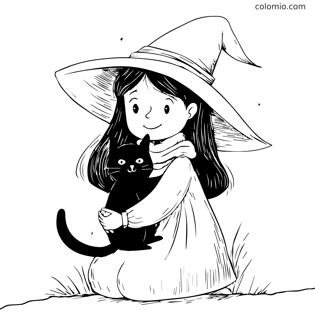 Una giovane ragazza strega con un cappello abbraccia un gatto nero mentre è seduta sull'erba.