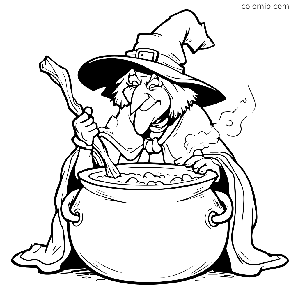 A whimsical witch with a big hat stirring a bubbling cauldron, perfect for coloring.