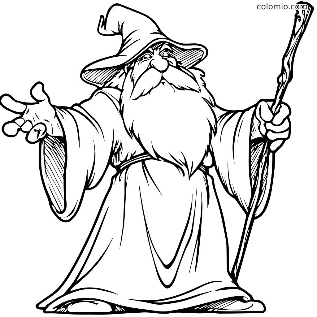 Un contour noir et blanc d'un magicien avec une longue barbe et un bâton, prêt à être colorié.
