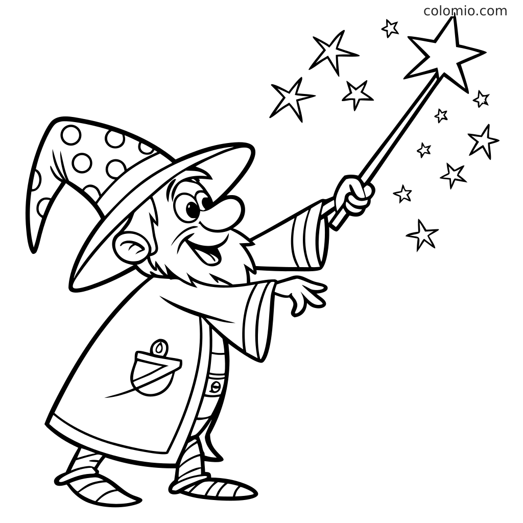 Un magicien de dessin animé portant un chapeau pointu et une robe tient une baguette magique, avec plusieurs étoiles flottant autour de son extrémité.