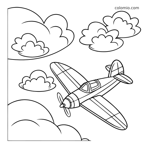 Un avion de style dessin animé vole parmi plusieurs gros nuages dans un dessin en noir et blanc aux contours simples.
