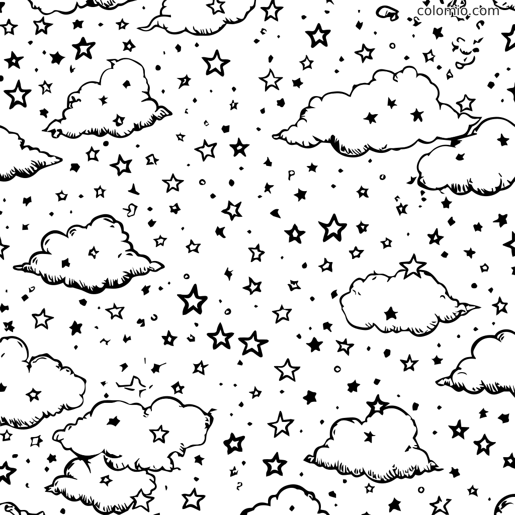 Uma página de colorir em preto e branco com nuvens fofas e estrelas cintilantes espalhadas pela página.