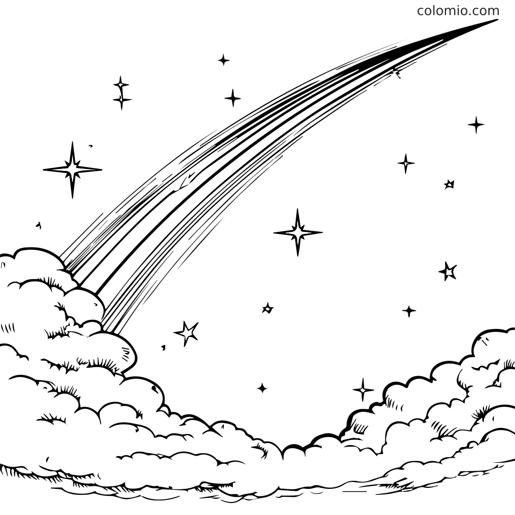 Une page à colorier avec des nuages fantaisistes, des étoiles et une comète dans le ciel nocturne.