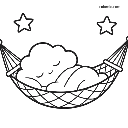 Un nuage souriant dort dans un hamac tressé, entre deux étoiles, dans une scène de nuit au style cartoon simple.