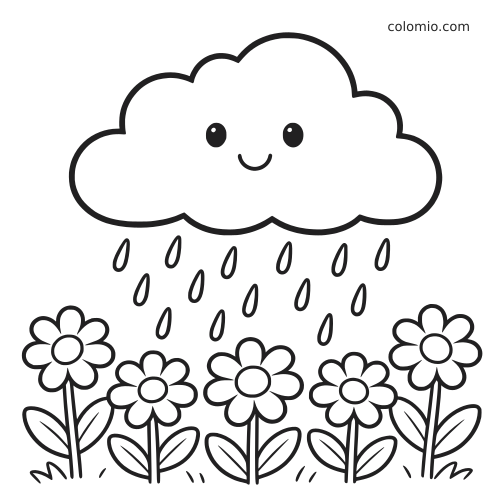Un nuage souriant avec des gouttes de pluie tombe au-dessus d’un jardin simple de cinq fleurs en contours noirs épais.