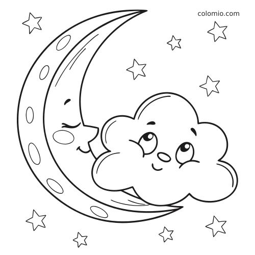 Un nuage endormi est blotti contre une lune en croissant souriante, entourés de petites étoiles dans le ciel nocturne.
