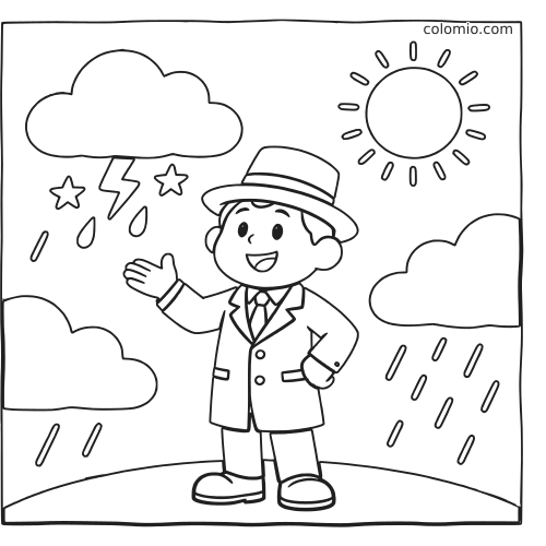 Un météorologue en dessin se tient sous le soleil et des nuages, avec pluie, éclair et symboles météo autour de lui.