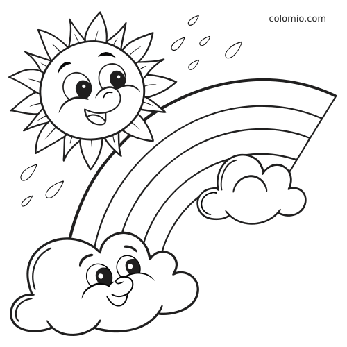 Un nuage souriant sous un arc-en-ciel, avec un soleil souriant au-dessus et quelques gouttes de pluie, en dessin au trait simple.