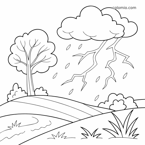 Dessin au trait d’un nuage d’orage avec des éclairs au-dessus de collines, avec un arbre, des buissons et des feuilles emportées par le vent.