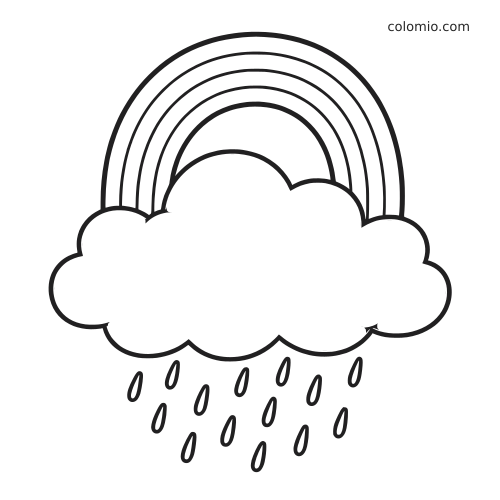 Contour simple d’un grand nuage de pluie avec des gouttes qui tombent et un arc-en-ciel au-dessus.