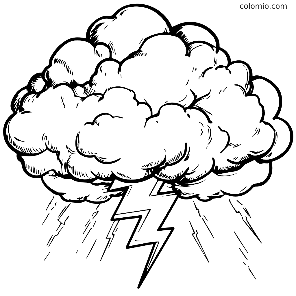 Une illustration en noir et blanc d'un nuage d'orage avec des éclairs et de la pluie, parfaite pour colorier.