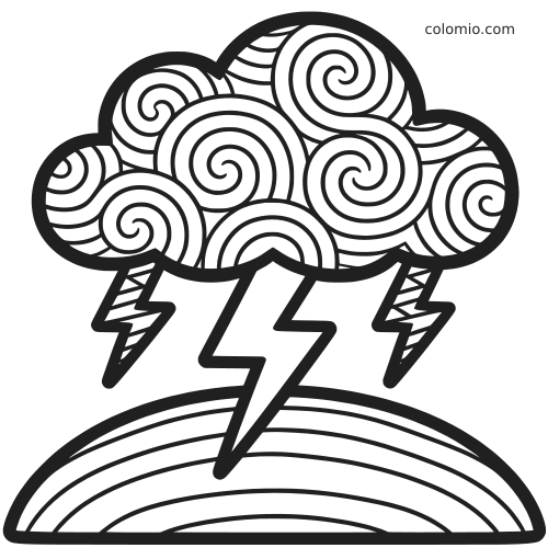 Nuage d’orage en noir et blanc rempli de motifs en spirale, avec trois éclairs au-dessus d’un arc-en-ciel.