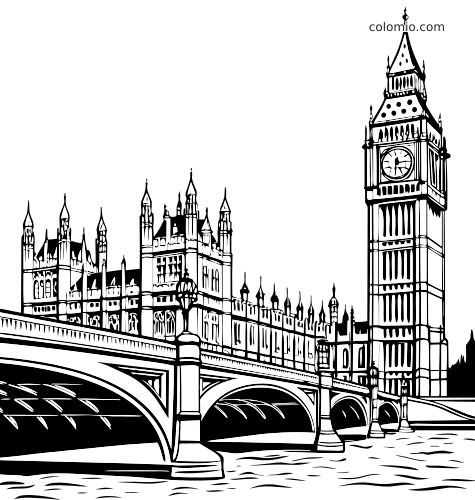 Mustavalkoinen värityskuva, jossa Big Ben on Westminsterin palatsin vieressä ja Westminster Bridge joen yllä.