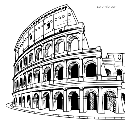 Mustavalkoinen Colosseum-värityskuva, jossa näkyvät sen kaarevat ulkoseinät, kaaret, pylväät ja useat tasot.