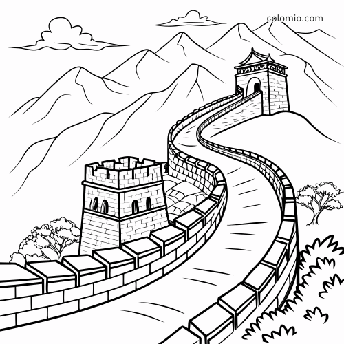 Kolorowanka w formie rysunku konturowego przedstawiająca Wielki Mur Chiński wijący się przez górskie szczyty, z basztami strażniczymi, chmurami i drzewami.