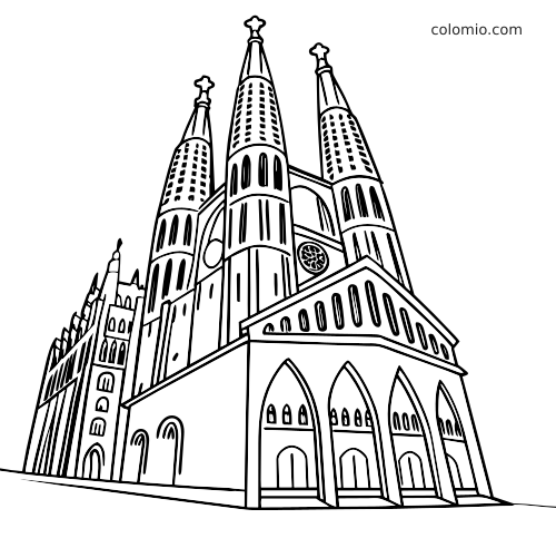 Viivapiirrosvärityskuva Sagrada Famíliasta alhaalta katsottuna, mukana kolme korkeaa tornia, kaari-ikkunat ja yksityiskohtaiset julkisivun linjat.